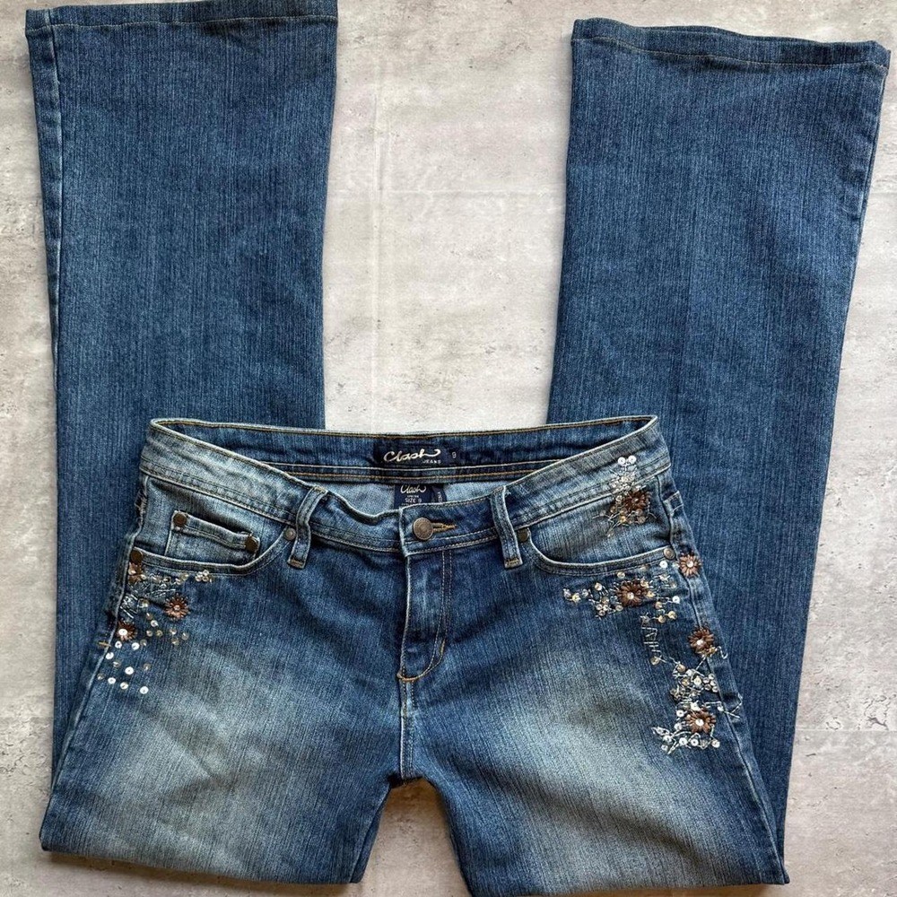 Clash Jeans Womens 9 Blue Low Rise Flare Floral Embroidered Sequin Y2K Denim